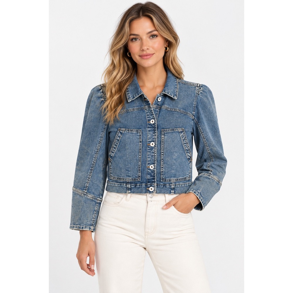 CeCe Denim Jacket Womens S Blue Cropped Puff Shoulder Button Up Cotton Trucker